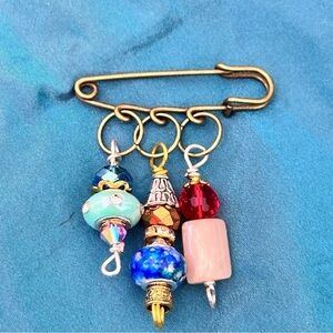 Brooch Multi Charm Beads Dangle Safety Pin, Kilt Bar Pin Handmade OOAK 4370